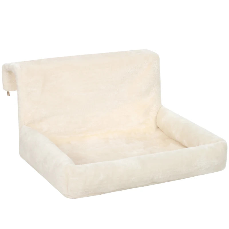 Cream plush cat radiator bed cushion with padded seat and raised backrest
