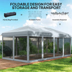Grey pop-up gazebo tent with mesh walls, assembled on outdoor wooden platform