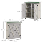 Light grey wooden storage shed front and side view with size dimensions