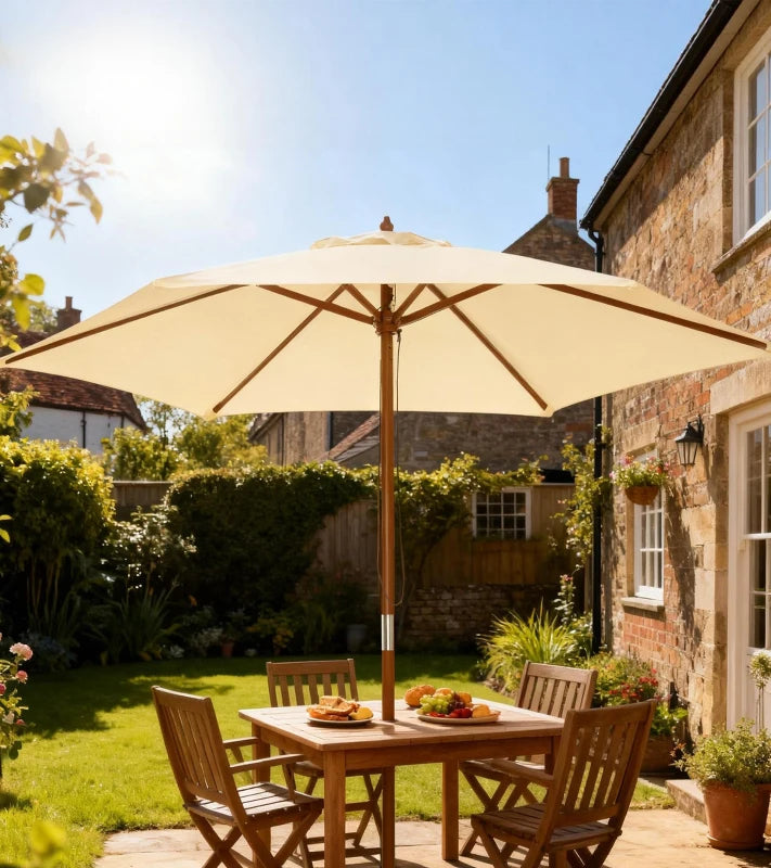 2.5m Wood Garden Parasol Sun Shade Patio Outdoor Wooden Umbrella Canopy, Table Market Umbrella with Vent, 38mm Pole, Rope Pulley Mechanism, Cream White