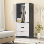Black and white wardrobe with open doors, hanging space, and drawer storage