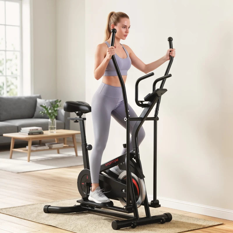Black elliptical cross trainer with adjustable seat and upright handlebar grips