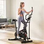Black elliptical cross trainer with adjustable seat and upright handlebar grips