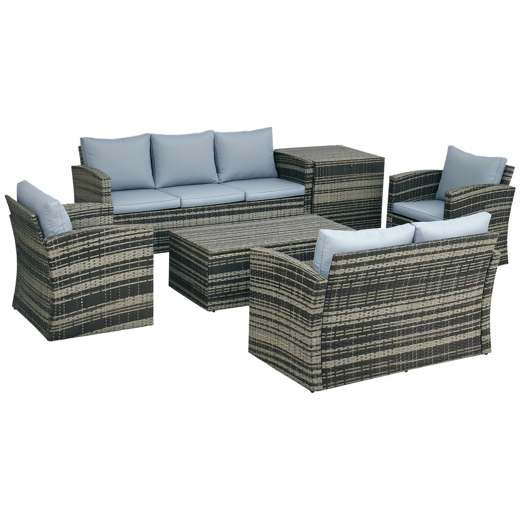 Outsunny 6-Piece Rattan Garden Set, 7-Seater Wicker Outdoor Furniture Set with Storage Tea Table & Side Table