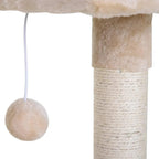 Beige dangling ball toy hanging from top of cat scratch post with sisal post