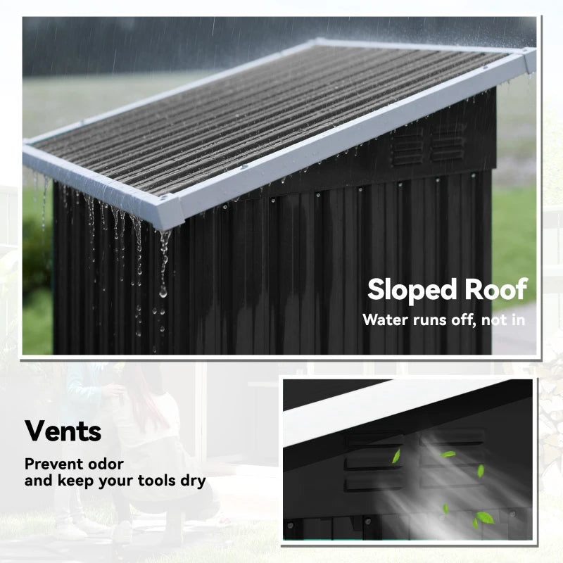 Outdoor storage shed with sloped roof panel and ventilation vents