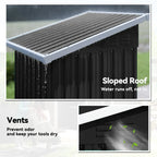 Outdoor storage shed with sloped roof panel and ventilation vents
