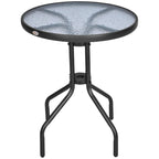 Black outdoor bistro coffee table with round tempered glass top and metal tripod base.