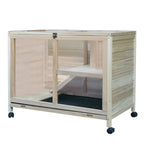 Natural fir wood indoor small animal hutch with open doorway, side panels, and shelf