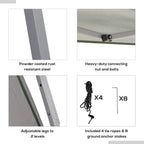 Powder-coated steel legs and connecting hardware with included tie ropes and ground stakes