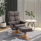 Brown PU leather swivel recliner with footstool and wooden base, cushioned armrests