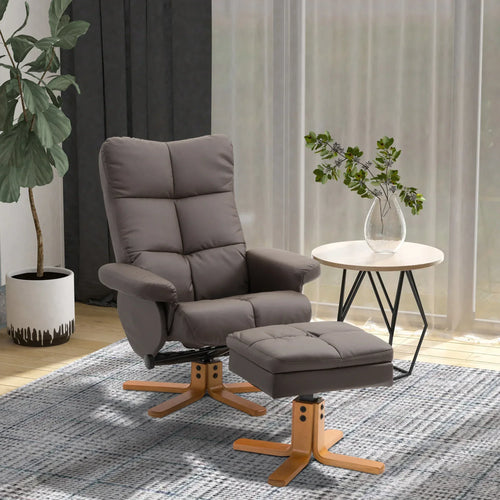 Brown PU leather swivel recliner with footstool and wooden base, cushioned armrests