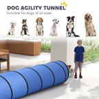 Blue dog agility tunnel with ribbed circular rings and open entrance