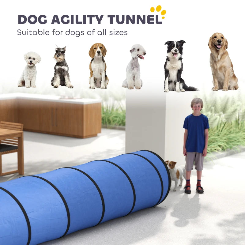 Blue dog agility tunnel with ribbed circular rings and open entrance