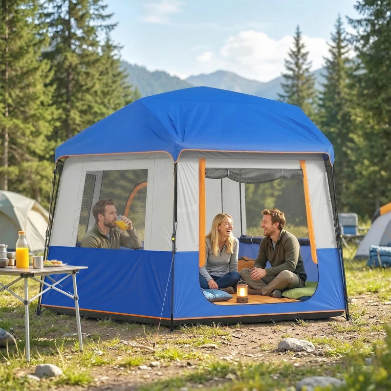 Blue cabin camping tent with open front windows, orange trim and mesh side panels