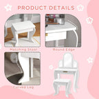 White kids vanity table set with matching stool and rounded edges details