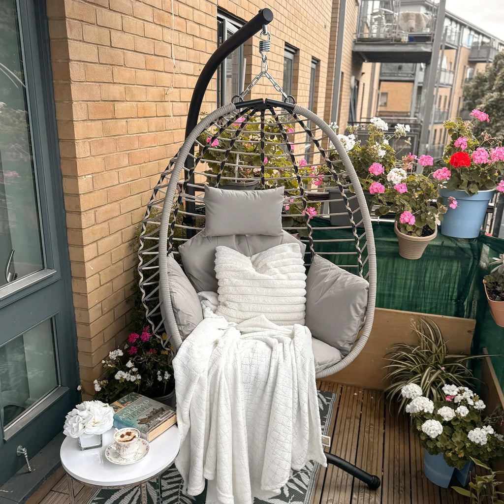 Single Rattan Hanging Egg Chair, with Seat Cushion - Grey - Bobobiy