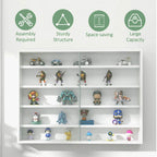 White wall display cabinet with glass door and neatly arranged shelves of figurines