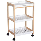 3-tier mobile kitchen trolley with white trays, natural wood frame, and four rolling casters