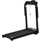 Black foldable motorized treadmill with control console and running deck, side view
