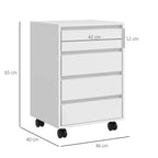White four-drawer filing cabinet dimensions view on caster wheels