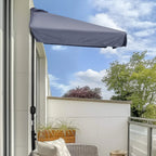 Grey half-parasol umbrella mounted on a balcony railing with pole hardware