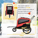 Red and black pet bike trailer side view with front door and attached hitch frame