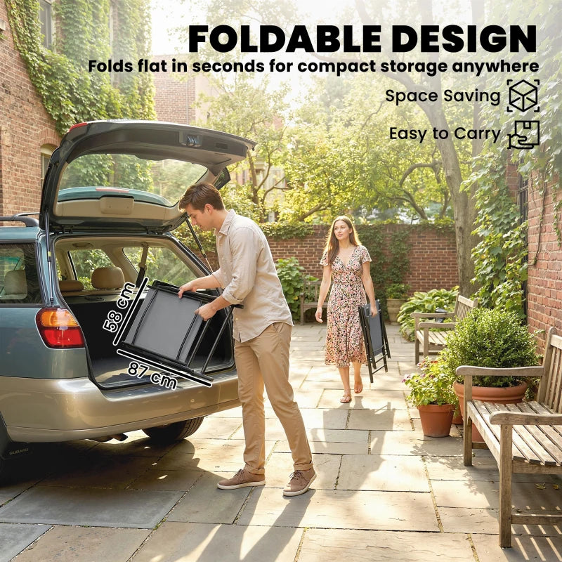 Light gray high-back folding garden chair that folds flat for compact storage