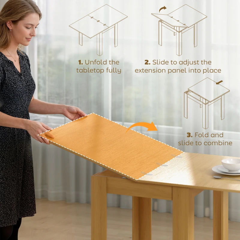Natural wood extendable dining table showing folded extension panel mechanism