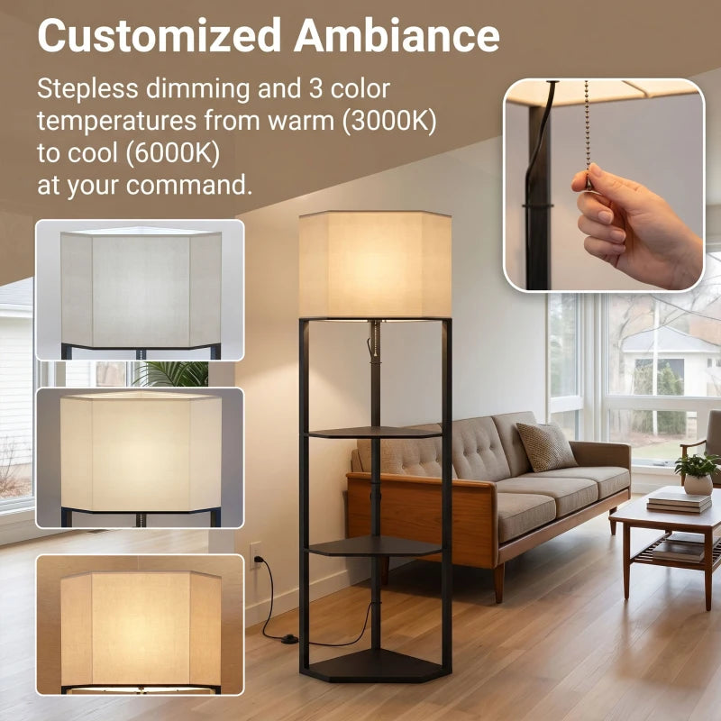 Black floor lamp with beige fabric shade and three open shelves