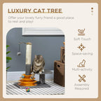 Grey cat tree tower with hanging ball, scratching post, and perch platforms shown in use