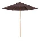 Coffee-brown wooden garden parasol with fabric canopy and central wooden pole