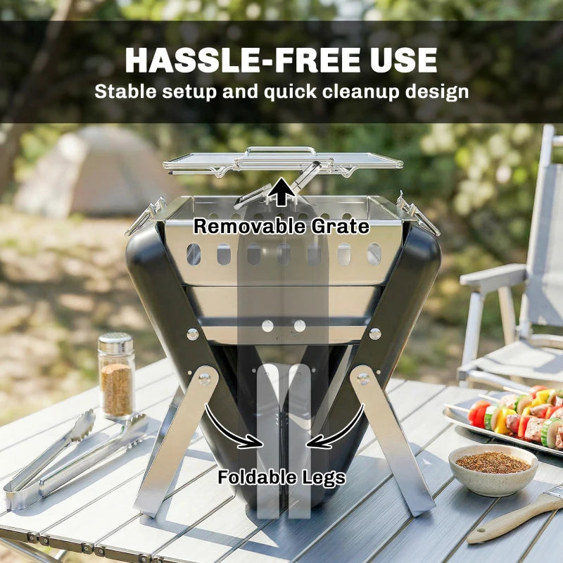 Portable charcoal grill with front access and foldable legs, chrome grate removable