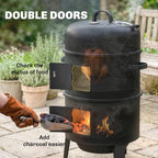 Vertical charcoal smoker with double doors and visible food cooking inside