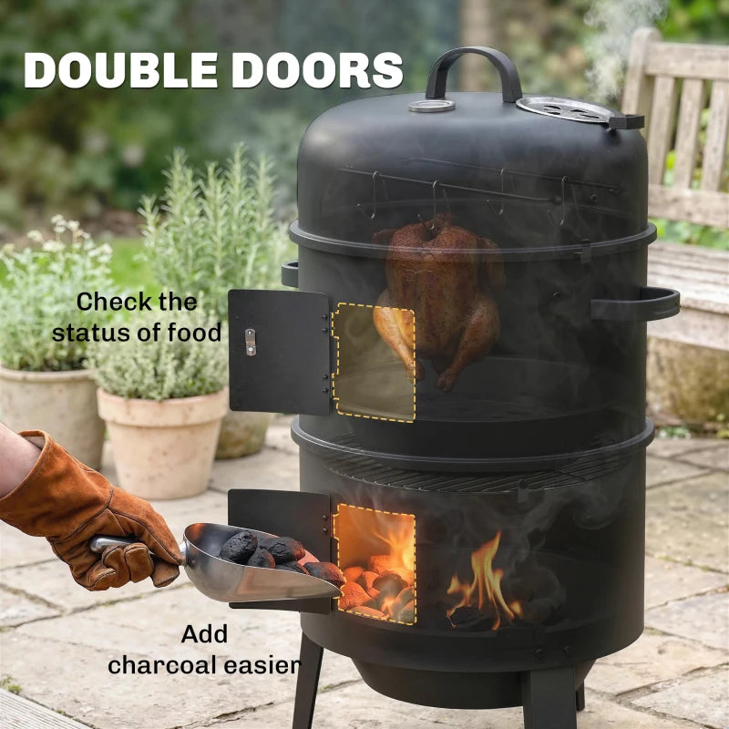 Vertical charcoal smoker with double doors and visible food cooking inside