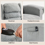 Grey electric recliner details: headrest, padded armrests, USB port, side pockets