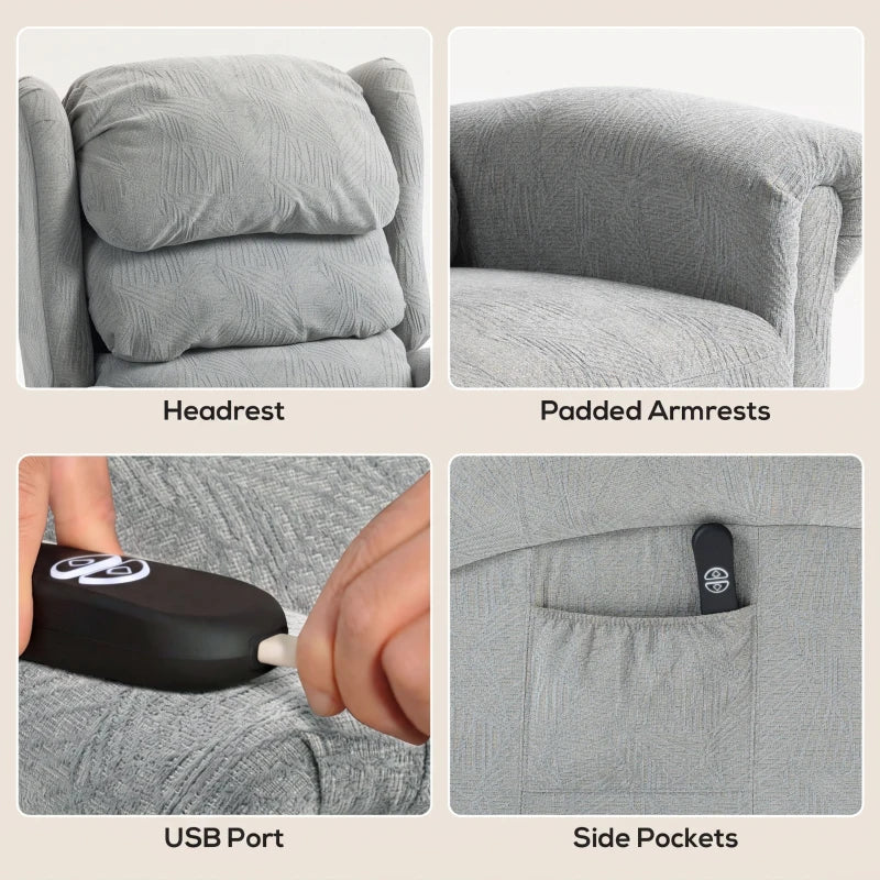 Grey electric recliner details: headrest, padded armrests, USB port, side pockets
