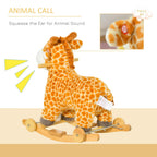 Giraffe plush ride-on rocker with wooden base and wheels, ear detail for animal sound
