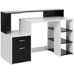 Black and white computer desk with two drawers and open storage shelves