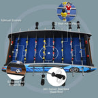 Blue foosball tabletop featuring ball return box, manual scoring area, and swivel steel rods