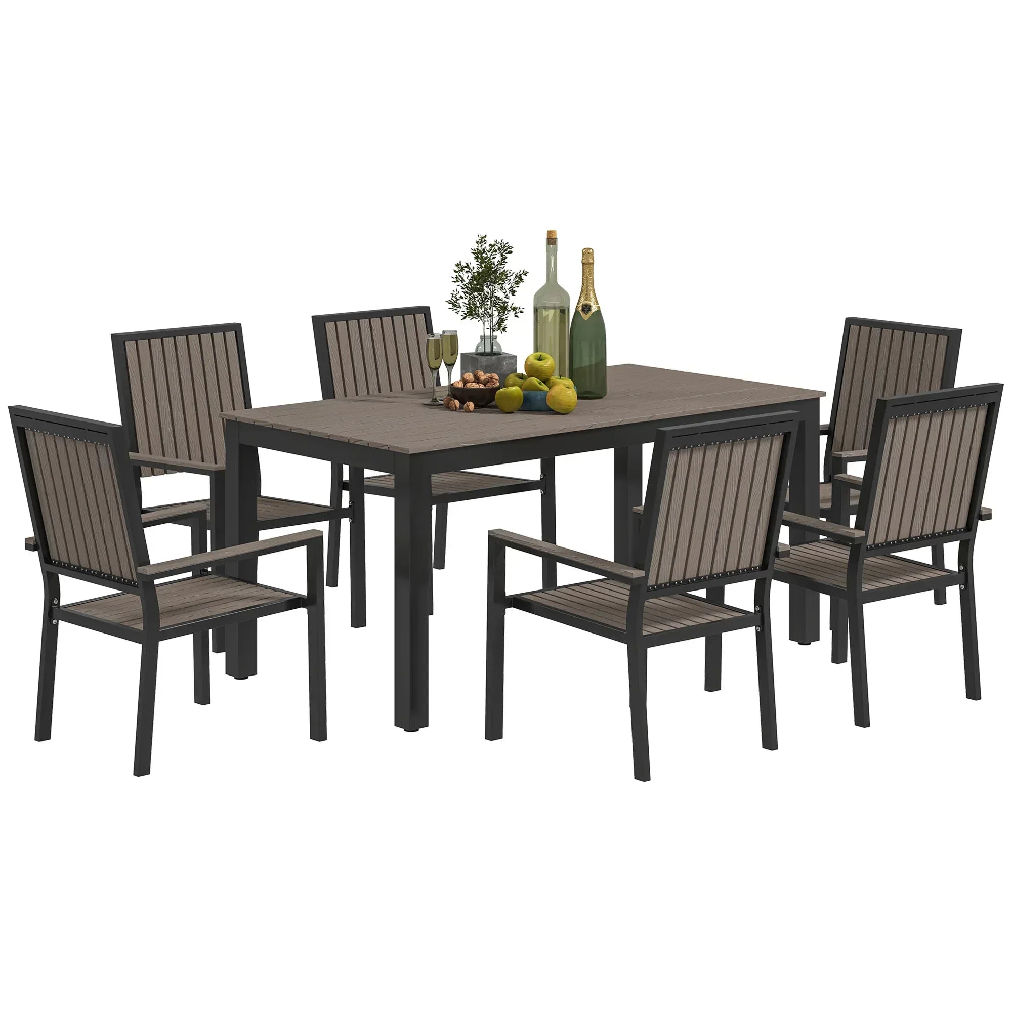6 Seater Garden Dining Set with Stackable Chairs, Aluminium Frame, Rectangular Plastic Top, Garden Furniture Set, Outdoor Dining Table and Chairs for Patio, Balcony, Poolside, Brown - Bobobiy
