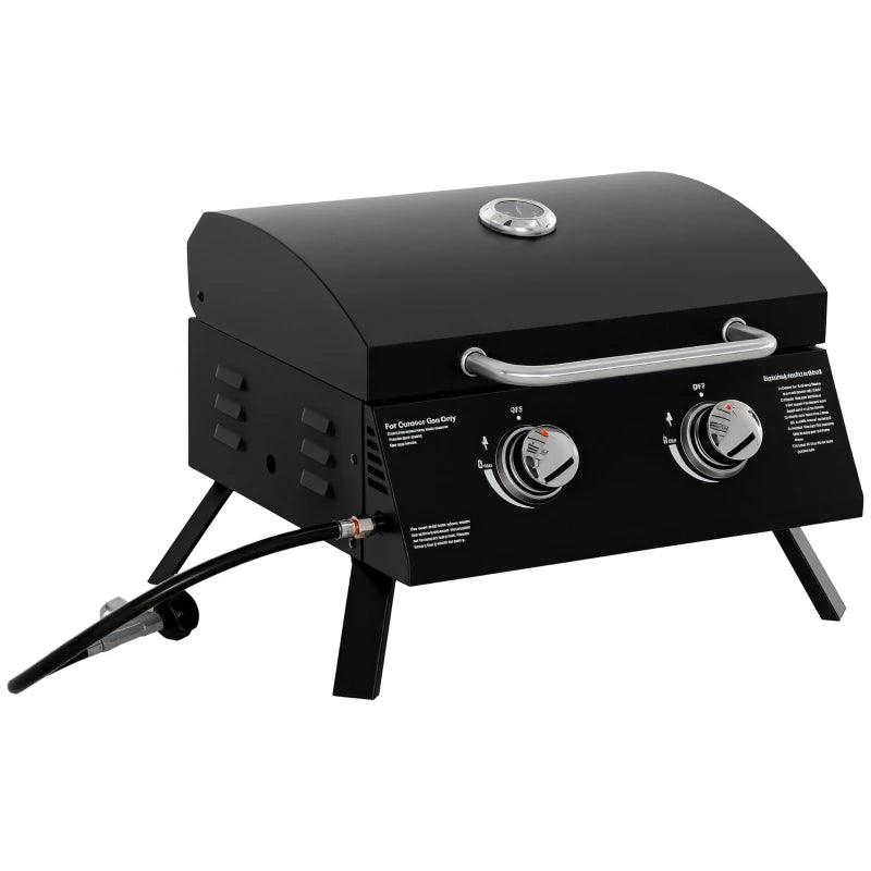 Black 2-burner gas BBQ grill with lid, thermometer, and two control knobs