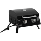 Black 2-burner gas BBQ grill with lid, thermometer, and two control knobs