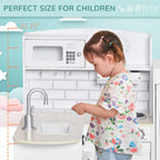 White kids play kitchen set with microwave panel and sink faucet, child reaching controls