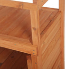 Close-up of orange wooden potting bench corner with sturdy support beams