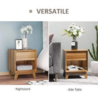 Walnut brown nightstand shown with drawer and open shelf for bedside storage