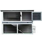Two-level small animal hutch with white frame, grey top, two wire enclosures and side door