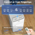 White portable air conditioner with LED control panel and included remote control