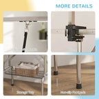 Grooming table details: sling buckle, clamp, storage tray, and non-slip footpads