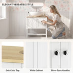 White cabinet with silver-tone knobs and light wood-look top, shown being installed